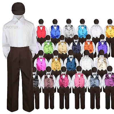 5pc Baby Toddler Kid Boys Brown Pants Hat Bow Tie Yellow Vest Suits Set 7 